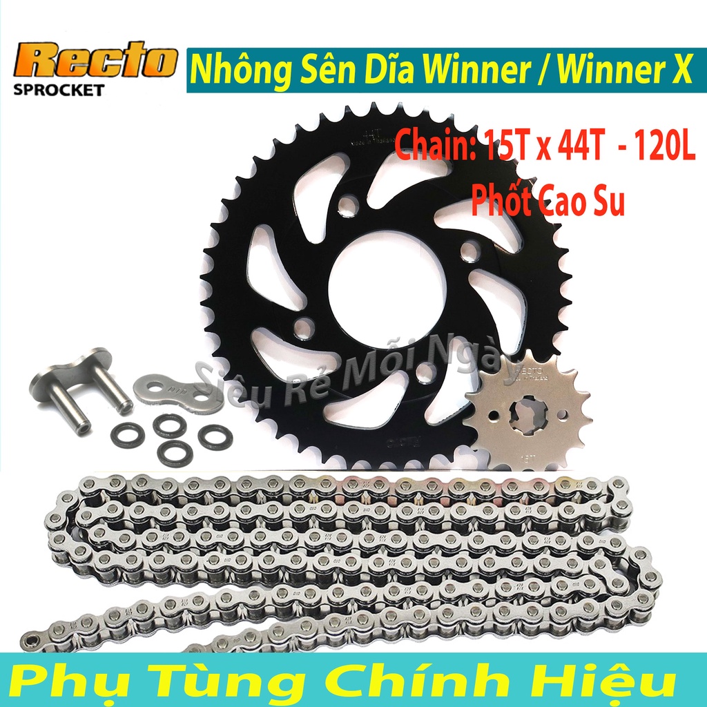 Nhông sên dĩa Recto phốt cao su xe Winner 150, Winner X ( Khoá Tán 15T x 44T )