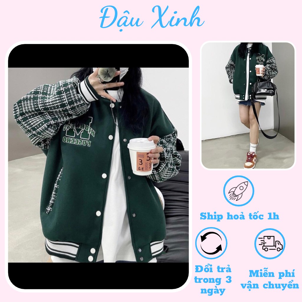 Áo khoác bomber nữ màu xanh bóng chày jacket dáng rộng - B300