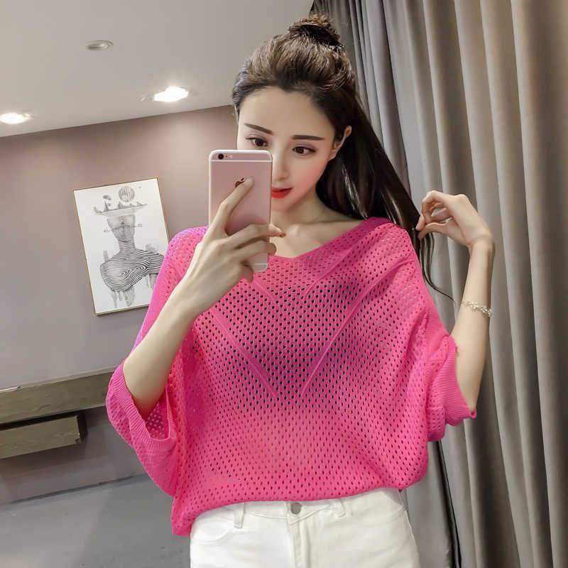 Simple Fashion Shirt Air Conditioning Shirt Plus-Sized Thin Hollow Knitwear Women's Summer Women's Loose Large Size Batwing Shirt Air Conditioning Shirt Top Women