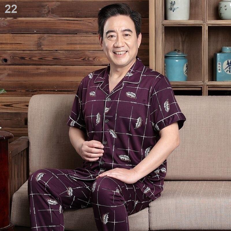 pyjama nam mùa hè mỏng ngắn tay cotton giới trung niên bố cộng với size phục vụ tại nhà Suit