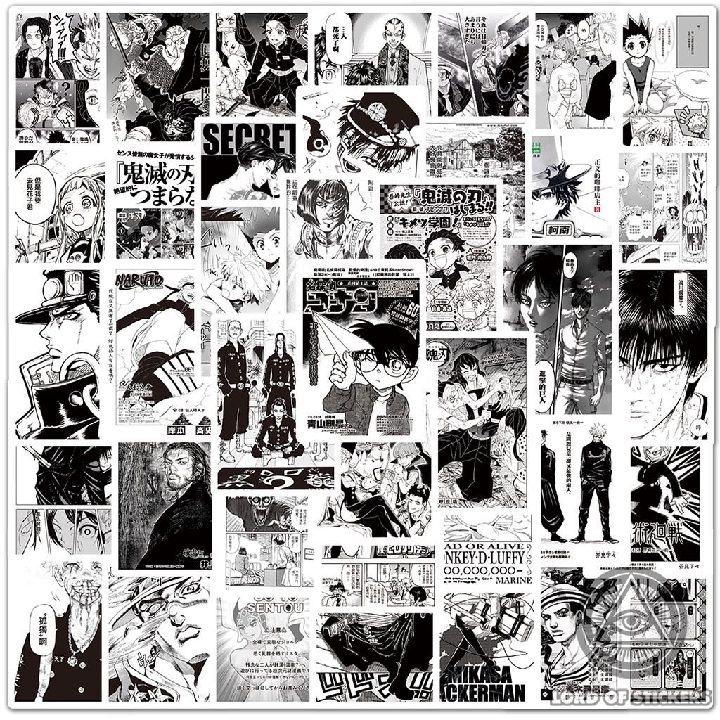 Set 100 Hình Dán Sticker Truyện Tranh Anime Manga Tổng Hợp Đen Trắng Chống Thấm Nước Trang Trí Mũ Nón Bảo Hiểm, Vali, Sổ