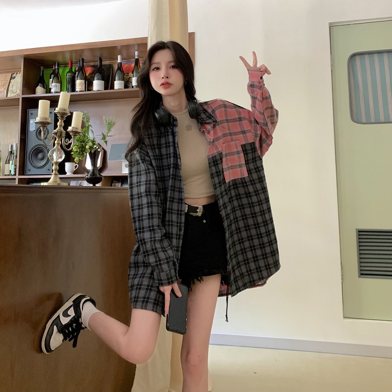 SUXI Áo Sơ Mi Caro Tay Dài Dáng Rộng Phong Cách Vintage Cho Nữ