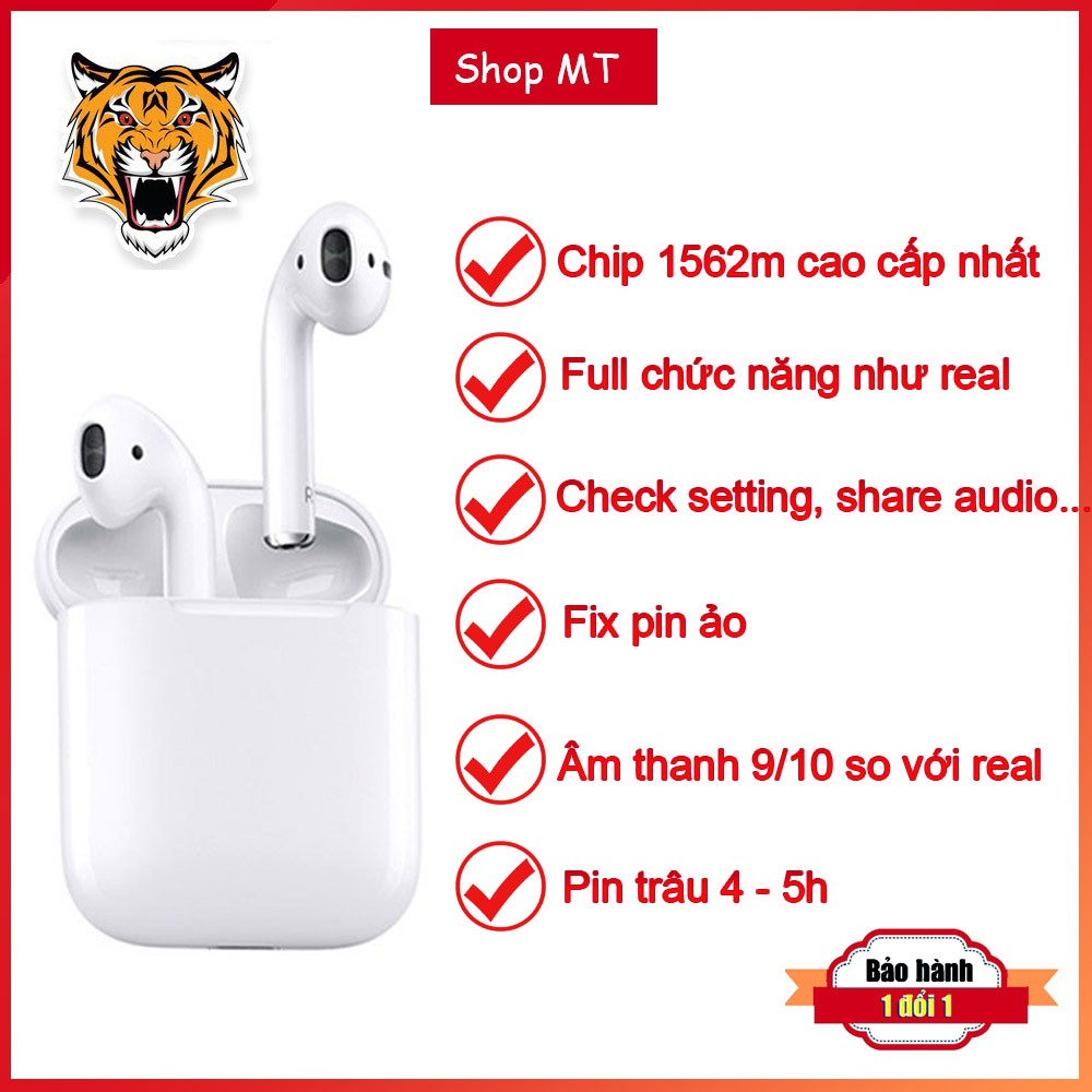 Tai nghe airpods 2 hổ vằn 1562m chip mới nhất - Full chức năng - Check setting - Pin 5h - Bảo hành đổi mới [TẶNG CASE]