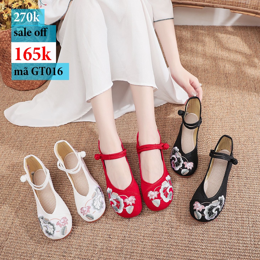 Giày thêu hoa sen đế thấp dây cài GT016