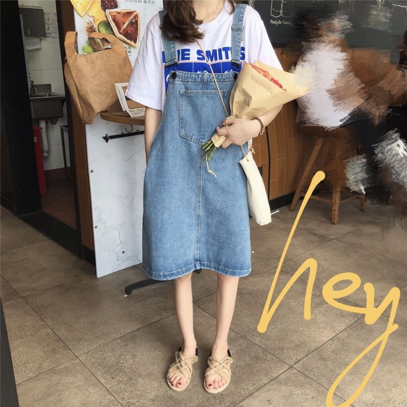 Korean version of loose wash and old denim student age reduction all-match suspender Dress dress，cheap borong of Koreanfashion women's clothing readystock 210521