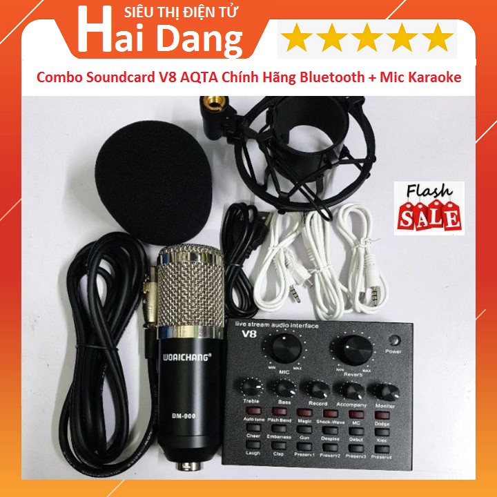 Combo Soundcard V8 AQTA Chính Hãng Bluetooth + Mic Karaoke Livetream BM 900, Có AutoTune Chuẩn Phòng Thu