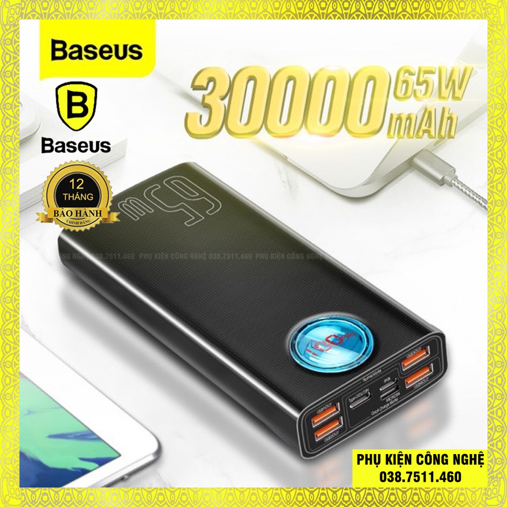 Sạc dự phòng Baseus 65W PD 30000mAh sạc nhanh dùng cho Smartphone, iPad ,Laptop Macbook..[ Tặng kèm cáp 100W ]