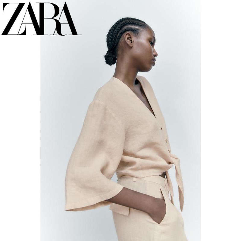Zara Bộ Áo Sơ Mi Vải Lanh Ngắn Tay Cổ Chữ V + Quần Dài Lưng Cao Ống Rộng Thời Trang Mùa Hè 8291500 8292500