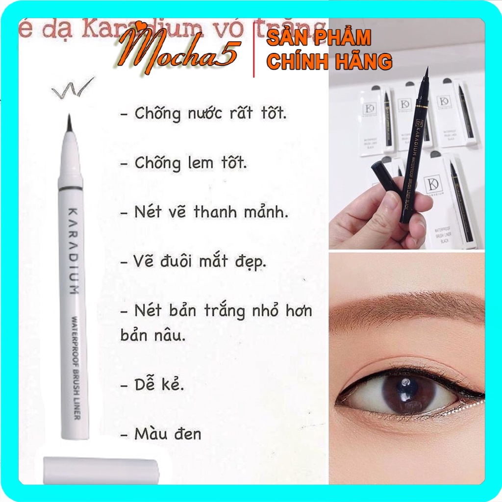 Kẻ dạ mắt Karadium Waterproof BRUSH LINER BLACK Vỏ Trắng nét mảnh chống trôi chống lem