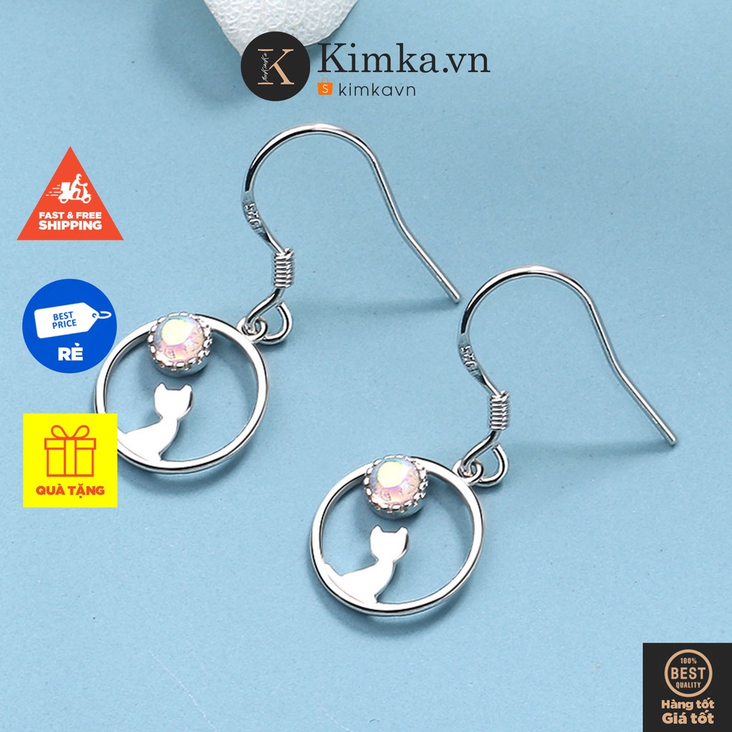 (0175) Khuyên Tai Tròn Hình Mèo Đính Kim Cương Đơn Giản Dễ Thương