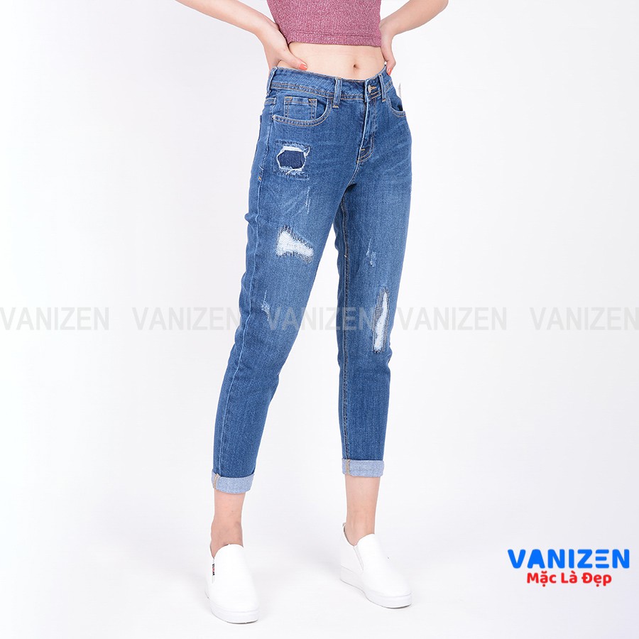 Quần jean nữ ống rộng baggy đẹp lưng cao cạp căn bản rách đắp thêu hàng hiệu cao cấp mã 445 VANIZEN