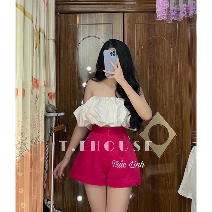 Set Áo Bí Trắng Kèm Quần Tacta Hồng,Đen (Freeship) Áo Cup Bí Bồng + Short