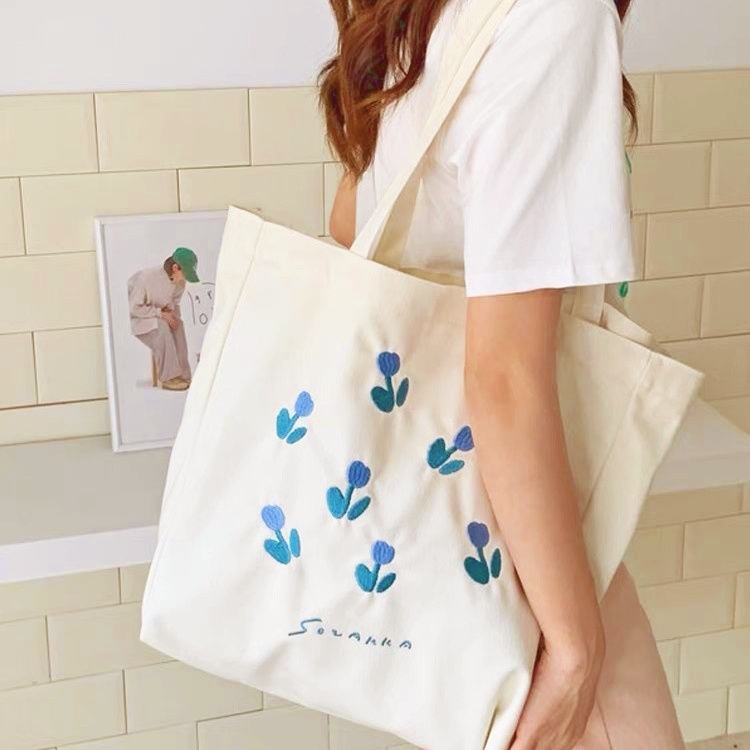 Túi Vải Canvas Thêu Hình Hoa Tulip Phong Cách Nhật Bản Mới