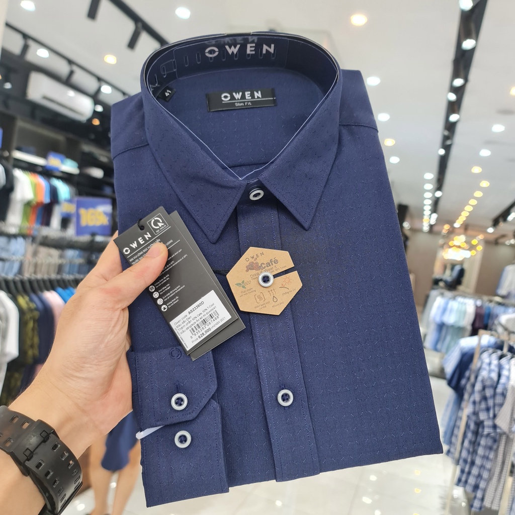 Áo Sơ Mi Nam Dài Tay Owen AS23360D Somi Công Sở Cao Cấp Màu Xanh Đậm Họa Tiết Chìm Dáng Ôm  Không Túi Vải Cafe Mềm Mát | BigBuy360 - bigbuy360.vn
