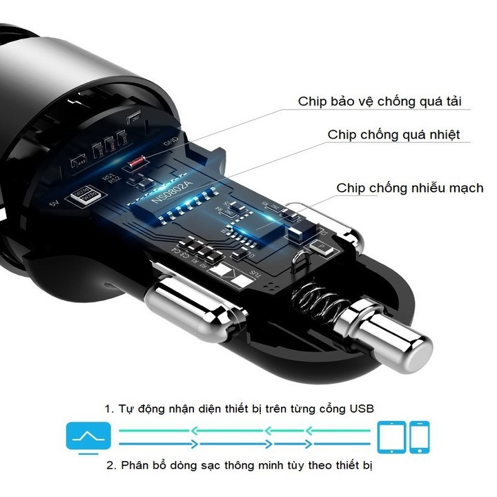 Tẩu sạc ô tô nhãn hiệu Hyundai HY-36B: 5V=3.1A(Max), DC12V-24V, 18W