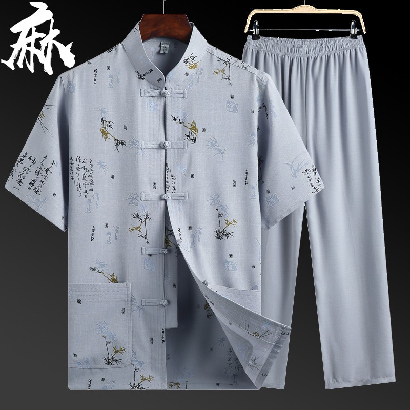 Người trung niên và cao tuổi Bộ đồ Tang ngắn tay nam ông nội quần áo mùa hè Phong cách Quốc của đàn giàKM90