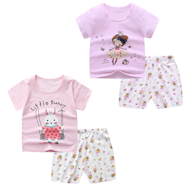 Bộ quần áo ngắn tay chất cotton cho bé gái từ 1-4 tuổi