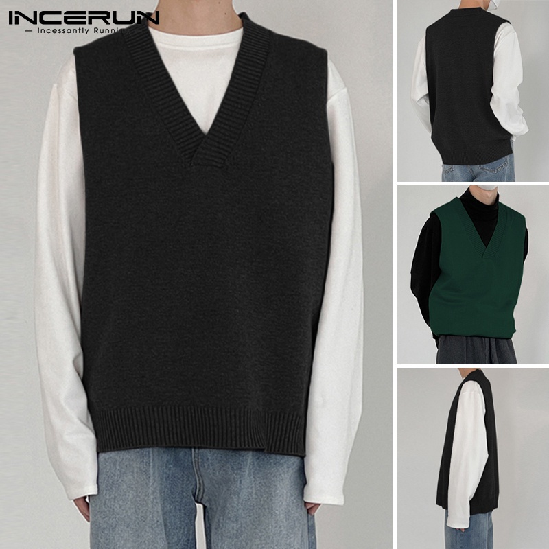 Áo dệt kim INCERUN không tay cổ chữ V màu trơn thời trang cho nam