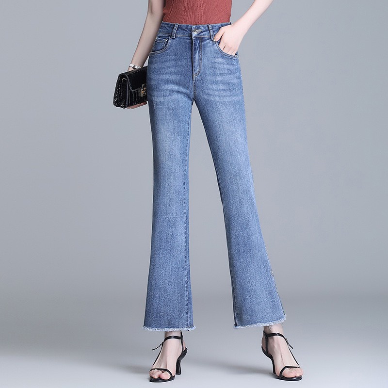Quần Jean Nữ Lưng Cao OoKi Ống Loe Lai Tua Cotton co Giãn 4 Chiều Quần Bò Nữ Ống Bass Dáng Skinny 40- 65Kg