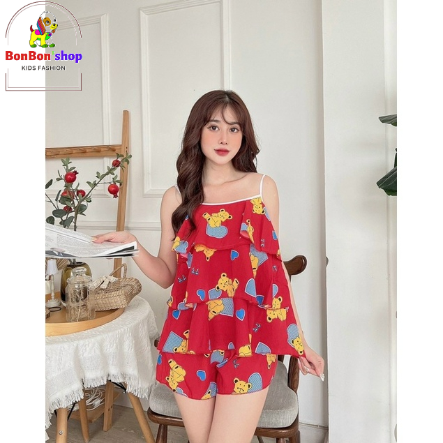 Đồ BD06# Quần áo ngủ 2 dây sexy, Bộ Ngắn Phối Tầng Hai Dây Vải Voan Mềm Mát Siêu Xinh Freesize dưới 55kg