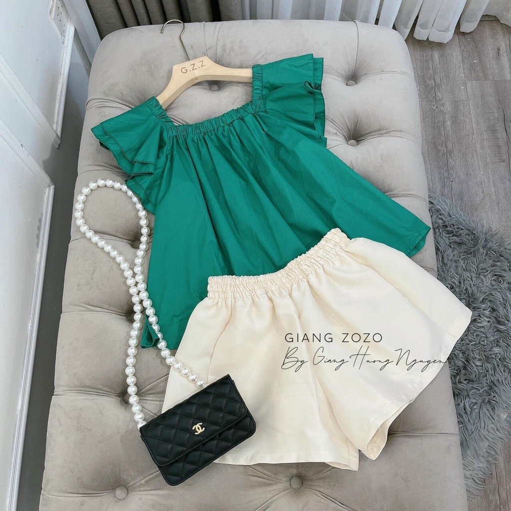 Sét bộ cộc áo cổ bo chun mặc được 2 kiểu bình thường hoặc hở vai vải mát 3 màu xanh hồng và nâu