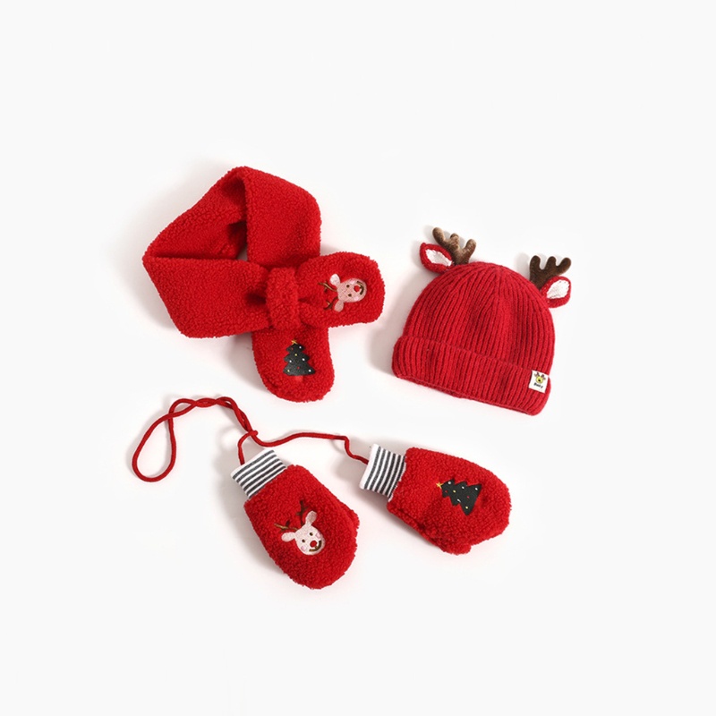 Bộ 3 Món Mũ Beanie + Găng Tay + Khăn Choàng Dài + Nón Len Hình Tuần Lộc Giáng Sinh Dễ Thương Cho Bé