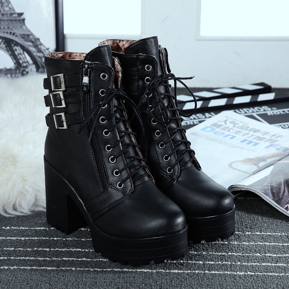 Giày Bốt Da Cao Gót Mũi Tròn Màu Trơn Có Dây Kéo Bên Hông Phong Cách Hàn Quốc Cho Nữ