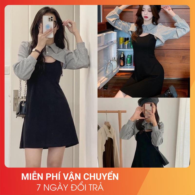 [LOẠI 1-FREESHIP] Set váy đen phối vạt sơ mi xám 24APRIL 🌸 chất len tăm mix nỉ siêu dày dặn 🌸