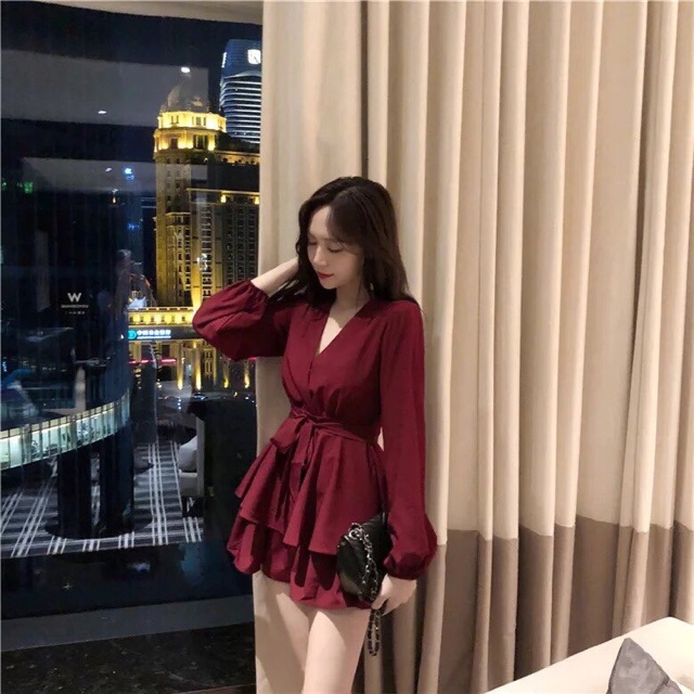 KÈM ẢNH THẬTĐầm Cổ V Đắp Chéo đen/ đỏ