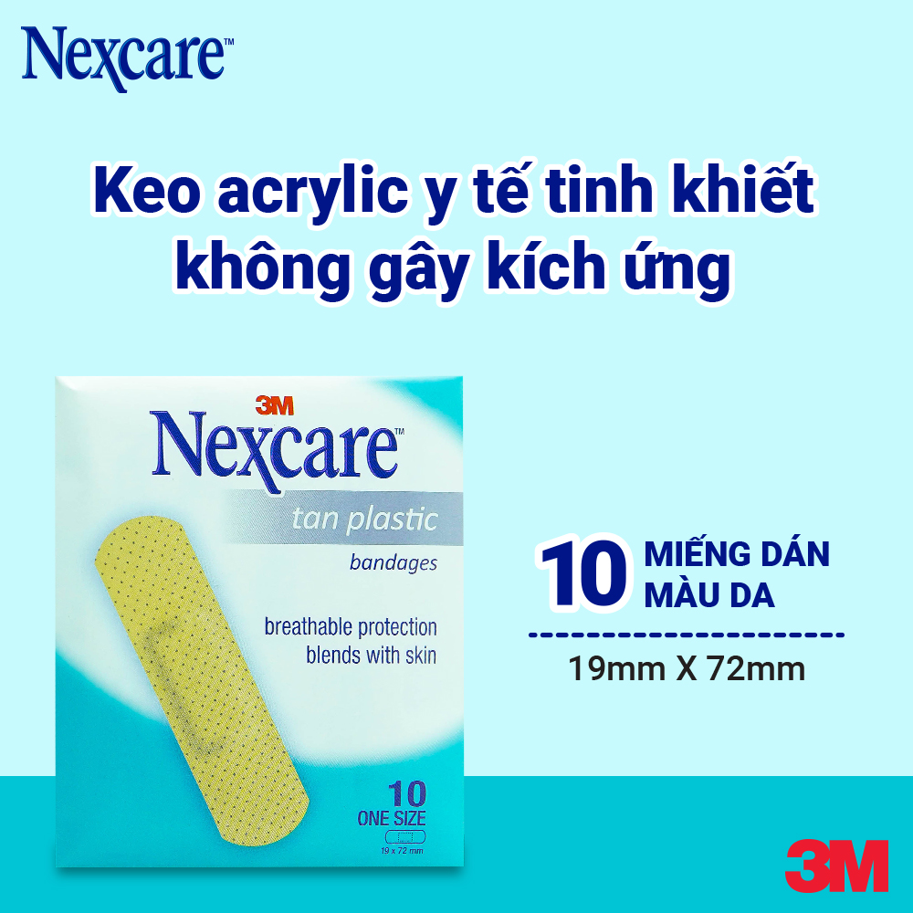 Băng keo cá nhân Nexcare 3M 19x72mm (10 miếng x 10 gói) Màu da, keo siêu dính, co dãn tốt, thông thoáng TANS10