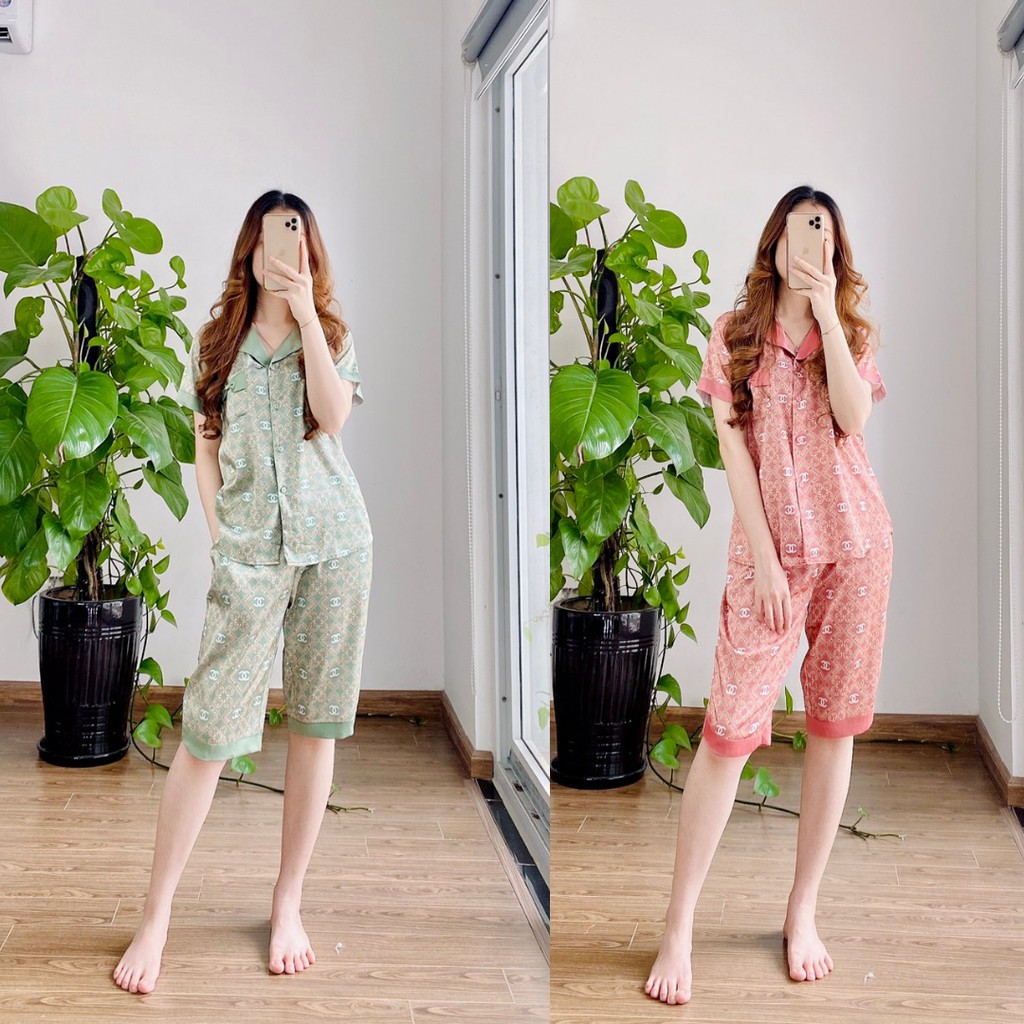 Bộ Pijama lụa giấy NOHK cao cấp mặc nhà cộc tay quần lửng họa tiết Cane