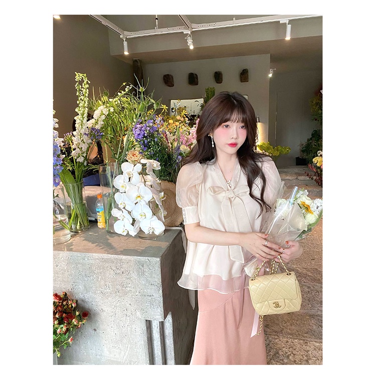 Áo sơ mi kiểu nữ cọc tay cổ nơ chất liệu tơ ánh có lót bên trong