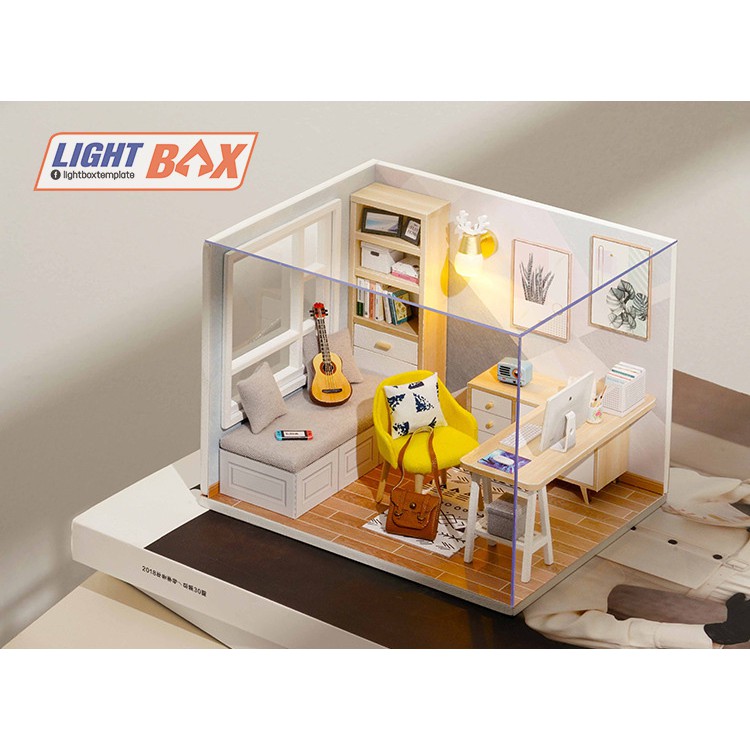 Nhà búp bê Tự làm bằng gỗ [Nhà STUDY ROOM có nội thất &amp; đèn led ] Tặng khung MICA + dụng cụ keo tỉ lệ 1:12 liên hệ shop