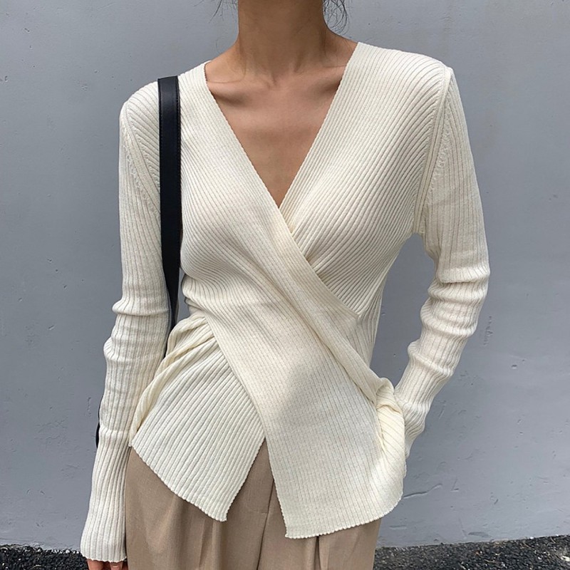 (a256) áo len Hàn Quốc sang trọng mùa thu thanh lịch cổ chữ V vạt chéo vải le dệt kim (kèm ảnh khách)