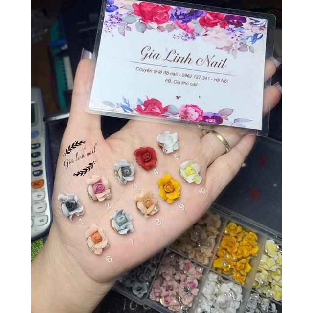 Hoa bột nail gắn móng tay  | Hoa hồng đơn đá ( set 2 bông/10 bông )