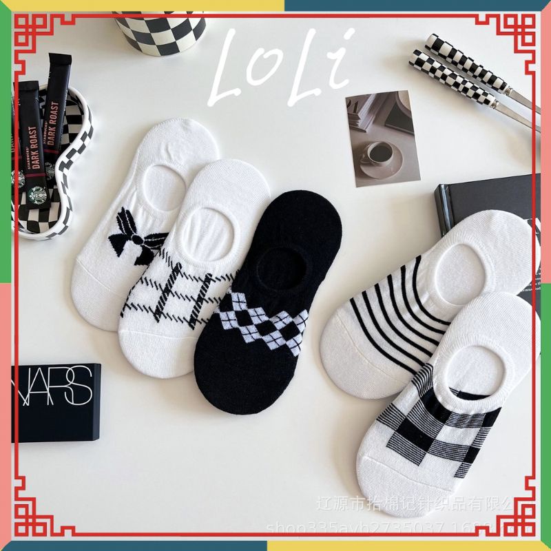 Tất Vớ Nữ Lười Nửa Bàn Chân Họa Tiết Trắng Đen Phong Cách Hàn Quốc