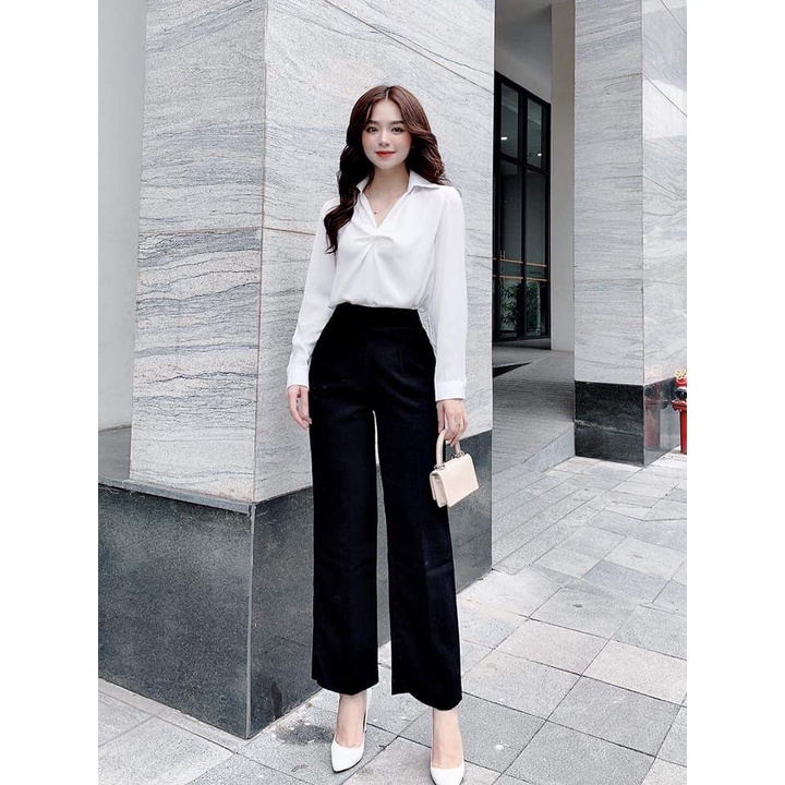 Áo sơ mi trắng dài tay, thiết kế xoắn ngực- Kirasfashion (AM 10)