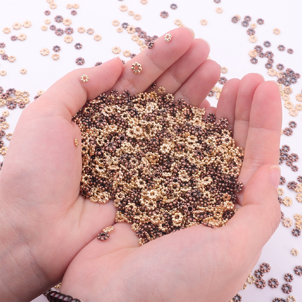 200 hạt cườm hình hoa cúc kim loại bạc Tây Tạng 4mm 5mm 6mm lỗ 2mm làm trang sức