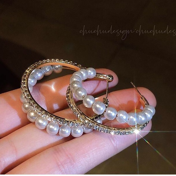 Bông Tai Mạ Bạc 925 Hình Chữ C Đính Ngọc Trai Lấp Lánh Phong Cách Hàn Quốc