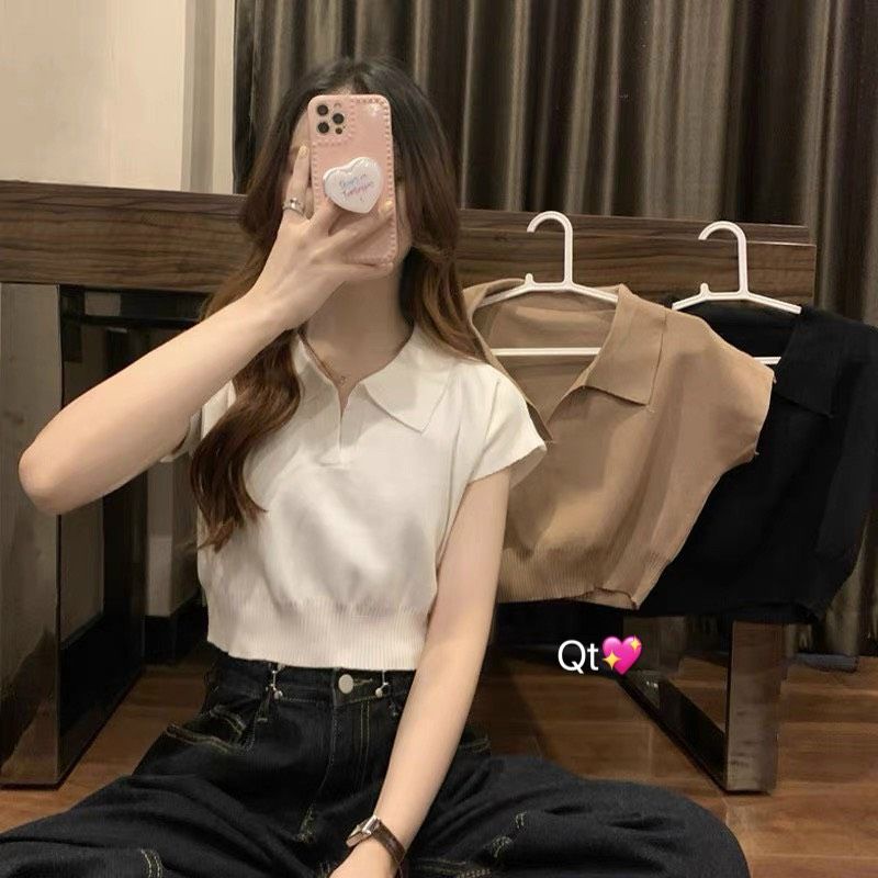 Áo len motoghi cổ bẻ croptop hàng QC