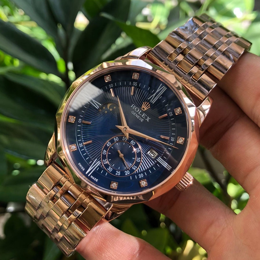 Đồng hồ cho Nam Rolex 6kim trăng sao size 40-41 vành trám cạnh màu xanh dây kim loại vàng hồng