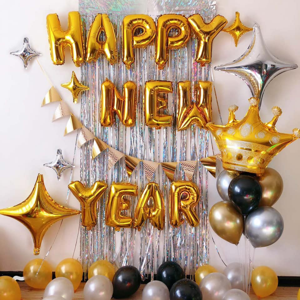 Set Bóng Trang Trí Năm Mới Happy New Year C03 + Tặng Kèm Rèm Trang Trí