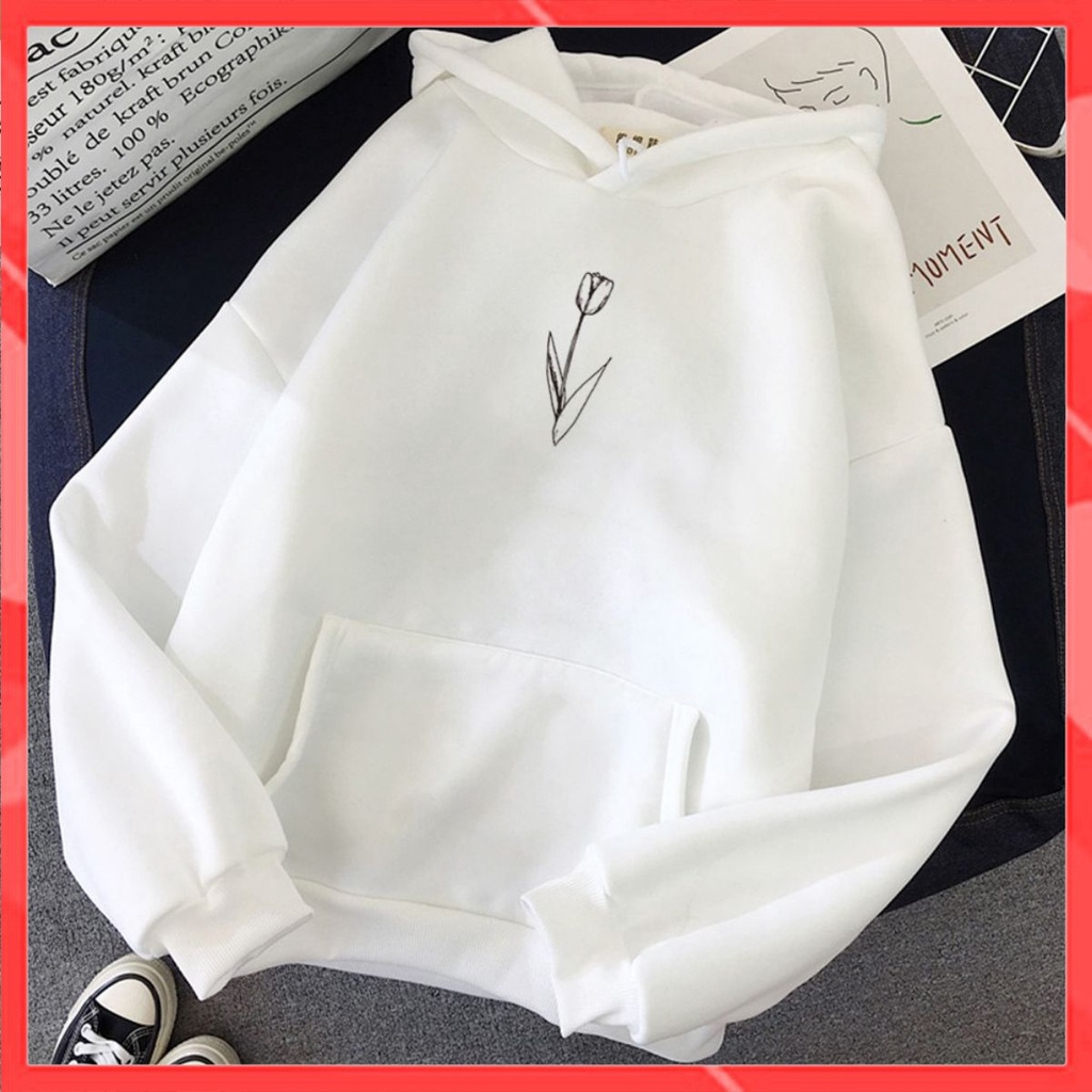Áo Hoodie Nữ form rộng Cotton Nỉ da cá (Kèm hình thật chất áo có Logo Thương hiệu) Họa Tiết Hoa Hồng nhỏ