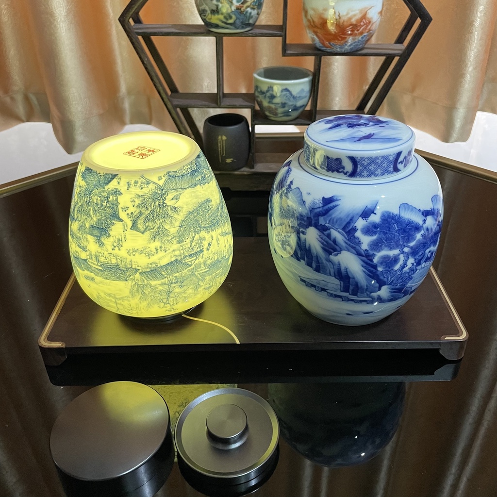 Hũ đựng trà nắp sứ 2 lớp - Sơn Thủy Trường Gian