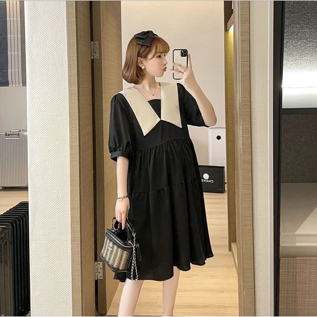 Đầm bầu công sở mùa hè chất lụa hàn Dambauxinh-1082 Váy bầu thiết kế phom rộng dáng suông tầng