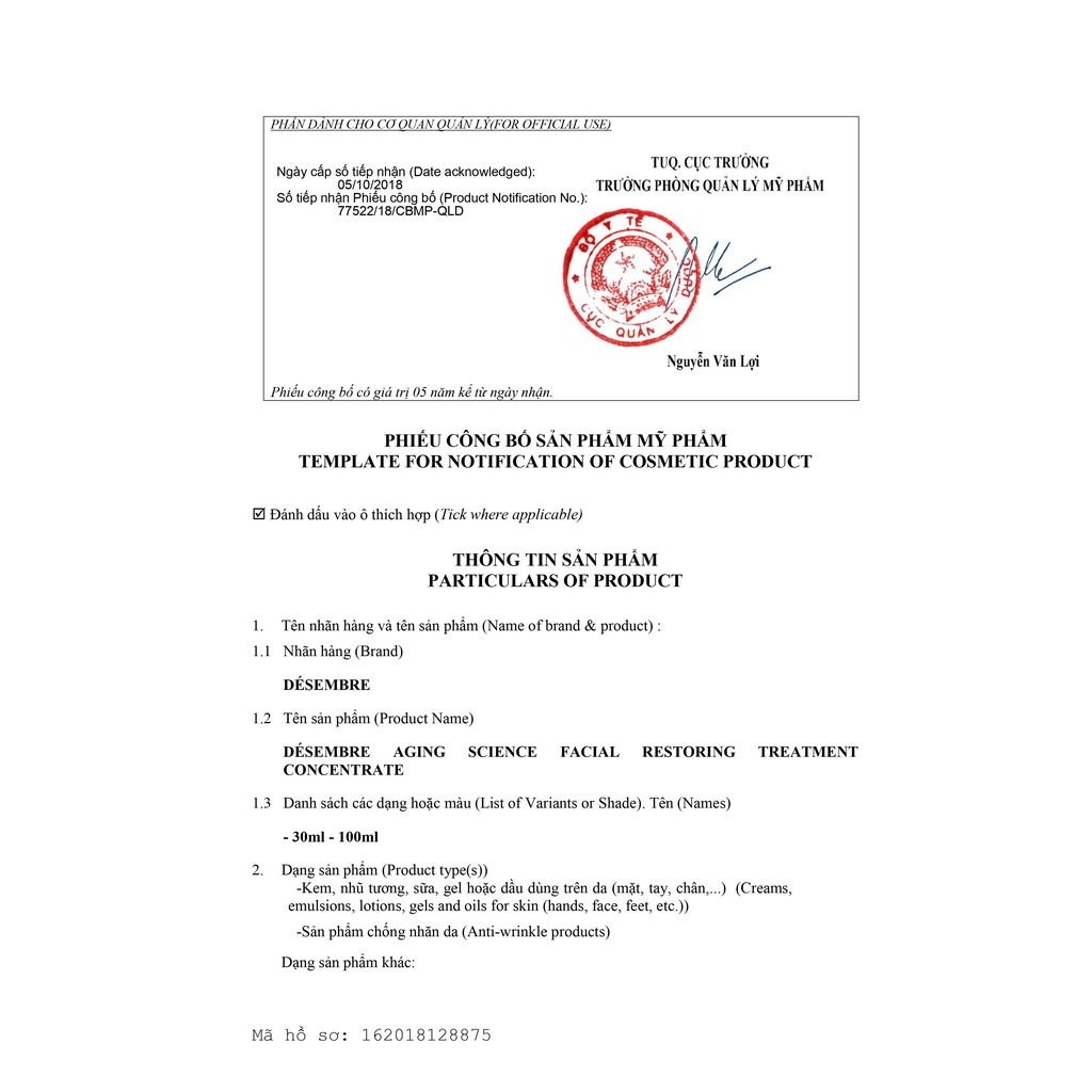 Tinh Chất Cô Đặc Trẻ Hóa Desembre Aging Science Facial Restoring Treatment Concentrate