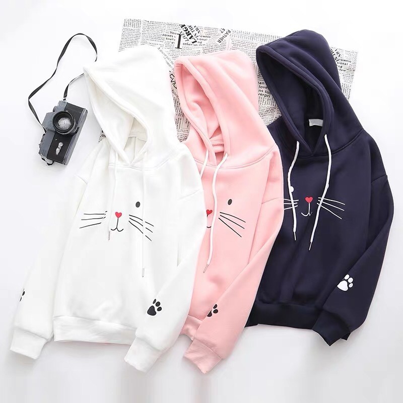 ÁO HOODIE NỮ ❤️FREESHIP❤️ áo hoodie NHIỀU MÀU VẢI NỈ POLY IN MẶT MÈO CUTE Hoodies nón nữ AO HOODIE FREE SIZE DƯỚI 60KG