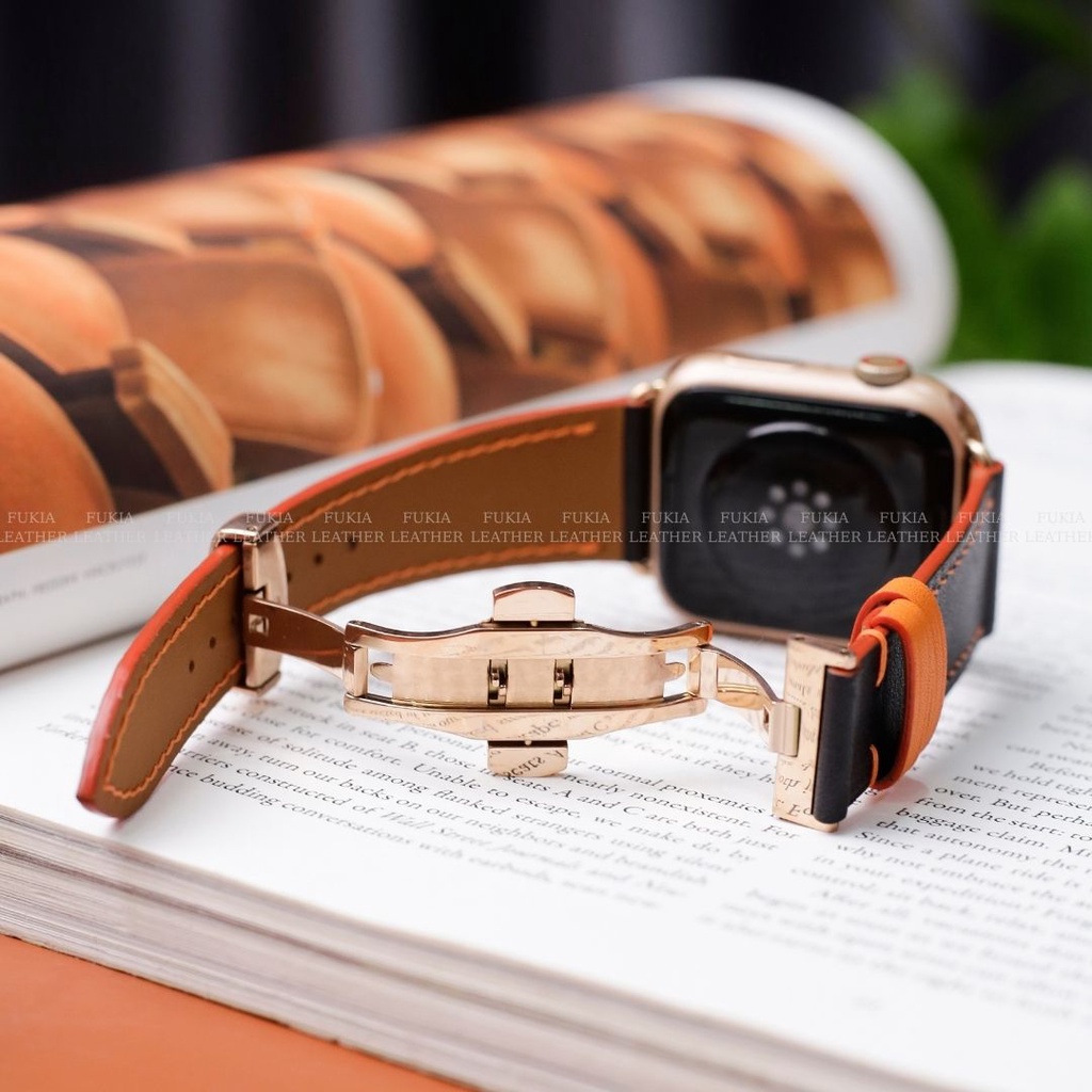 Dây da thủ công Swift Đen Mix chỉ Cam dành cho Apple Watch, đồng hồ thông minh, đồng hồ cơ