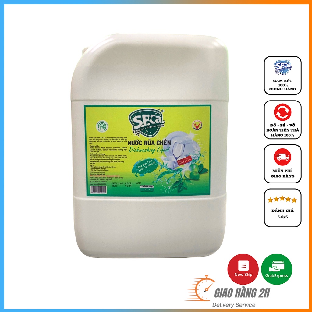Nước Rửa Chén Bát Can 20 Lít SPCa Cao Cấp Chiết Xuất Chanh Và Trà Xanh Diệt Sạch Khuẩn, Không Hại Da Tay