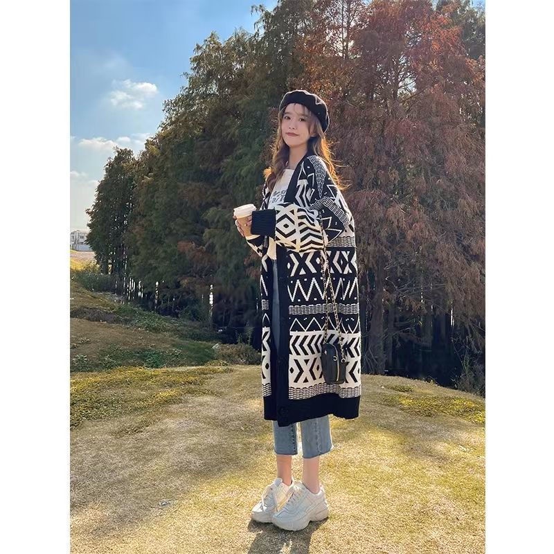 Áo Len Cổ Điển Cỡ Lớn Cardigan Rộng Rãi Áo Khoác Dài Vừa Phong Cách Lười Cho Nữ